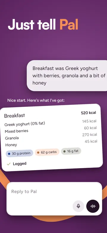 Pal app screenshot. Just tell Pal: logging breakfast from the chat.