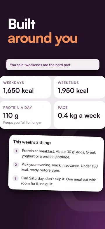 Pal app screenshot. Built around you: weekday and weekend targets.