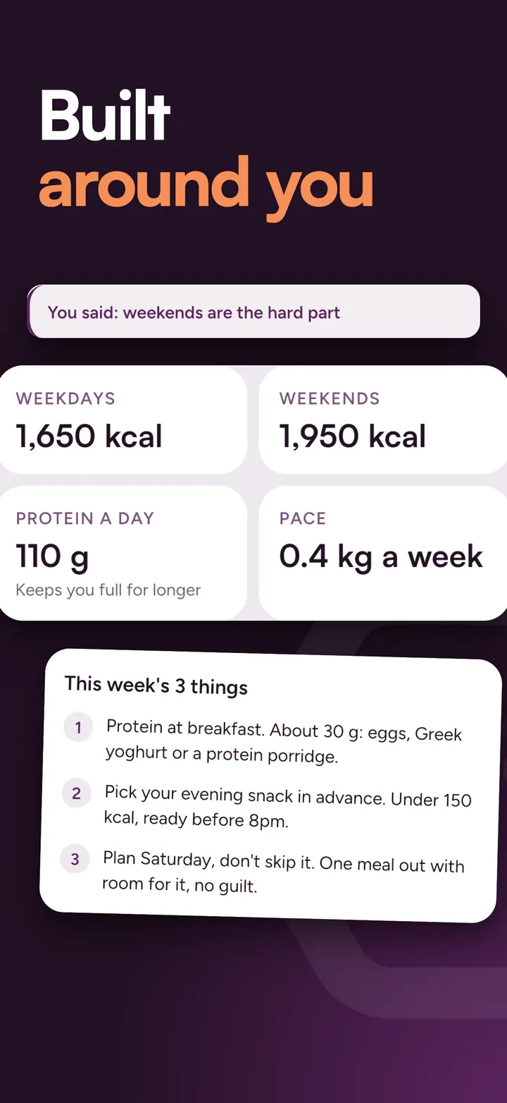 Pal app screen headed "Built around you": weekday and weekend calorie targets, a protein target and a weekly pace.