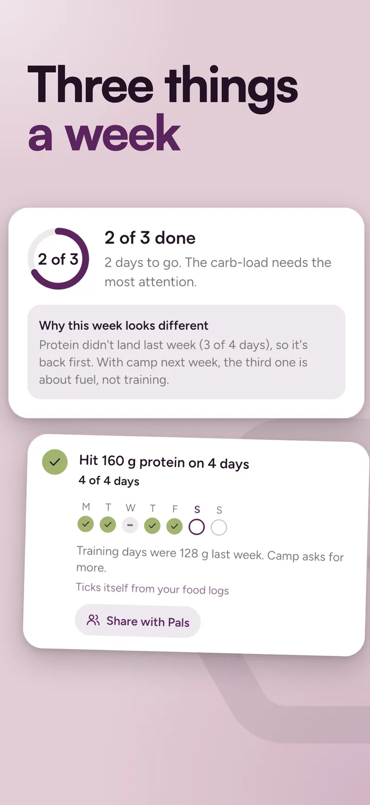 Pal app screen headed "Three things a week": a weekly plan card showing 2 of 3 things done and a protein goal ticked off on 4 of 4 days.